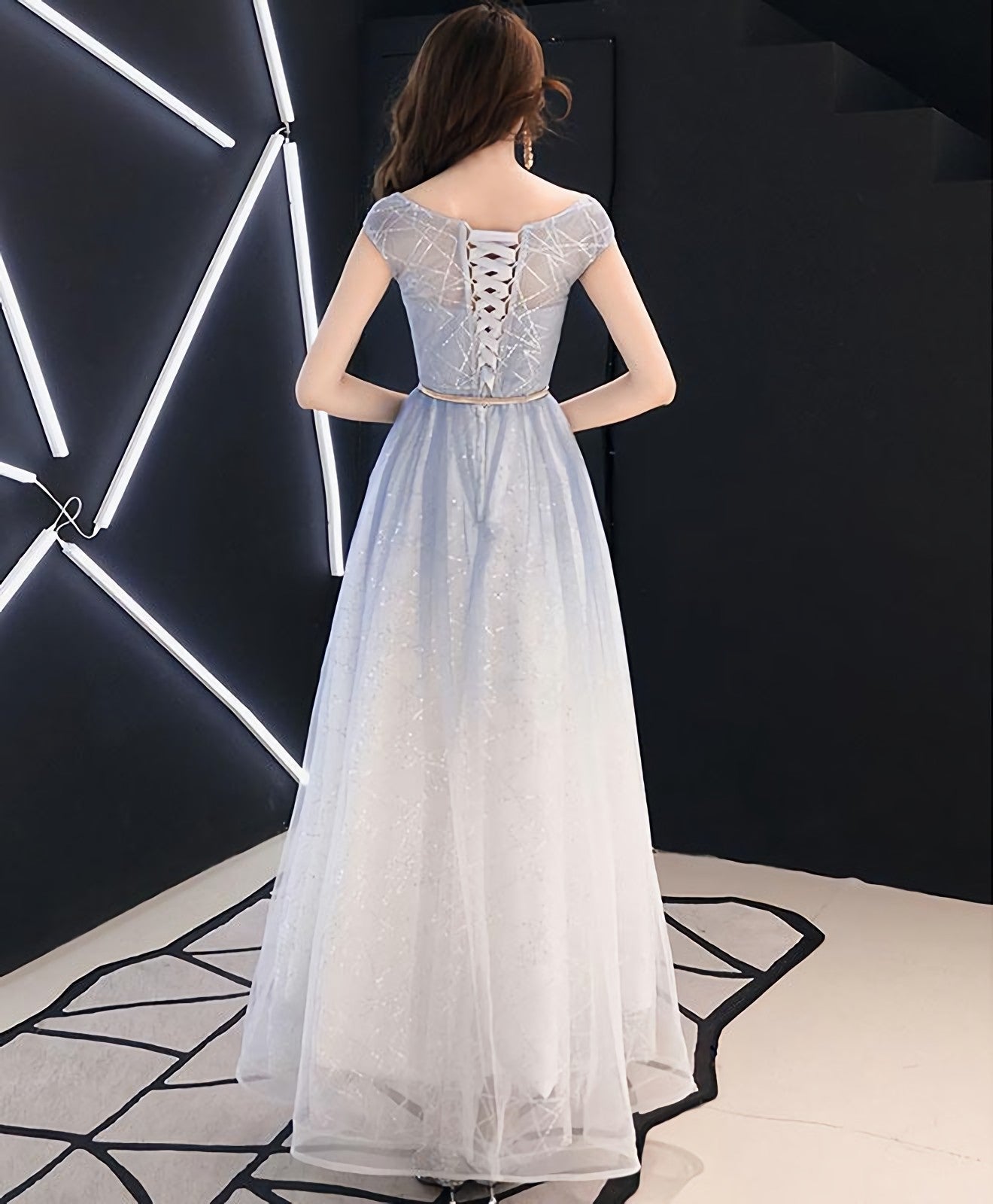 Blue Round Neck Tulle Long Prom Dress, Blue Tulle Prom Dresses