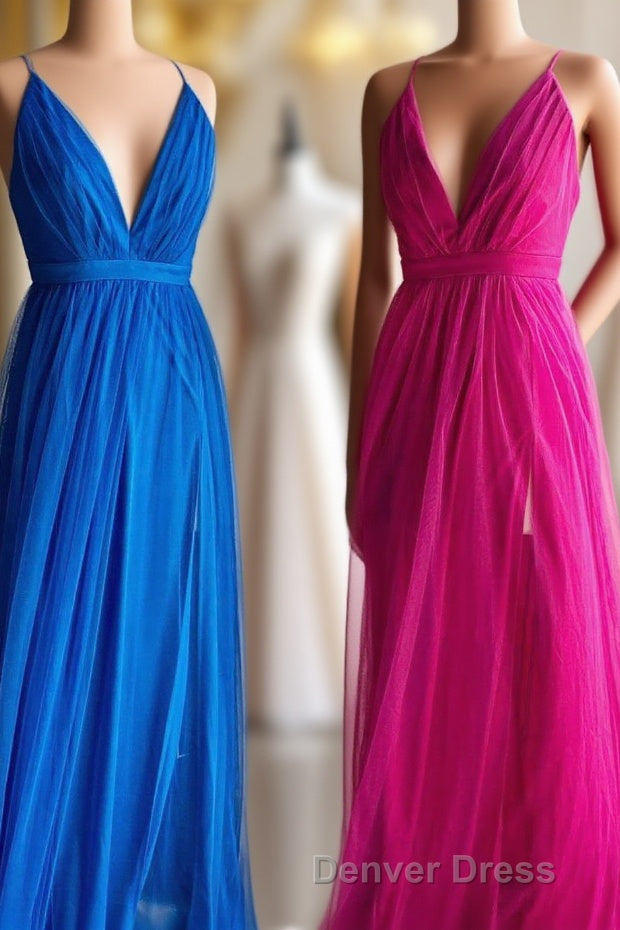 A-line V-Neck Pleated Tulle Long Bridesmaid Dresses with Slit
