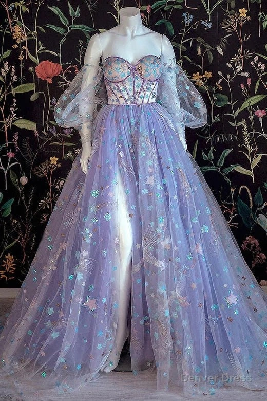 Light Purple A Line Tulle Floral Off Shoulder Sweetheart Prom Dresses Main image