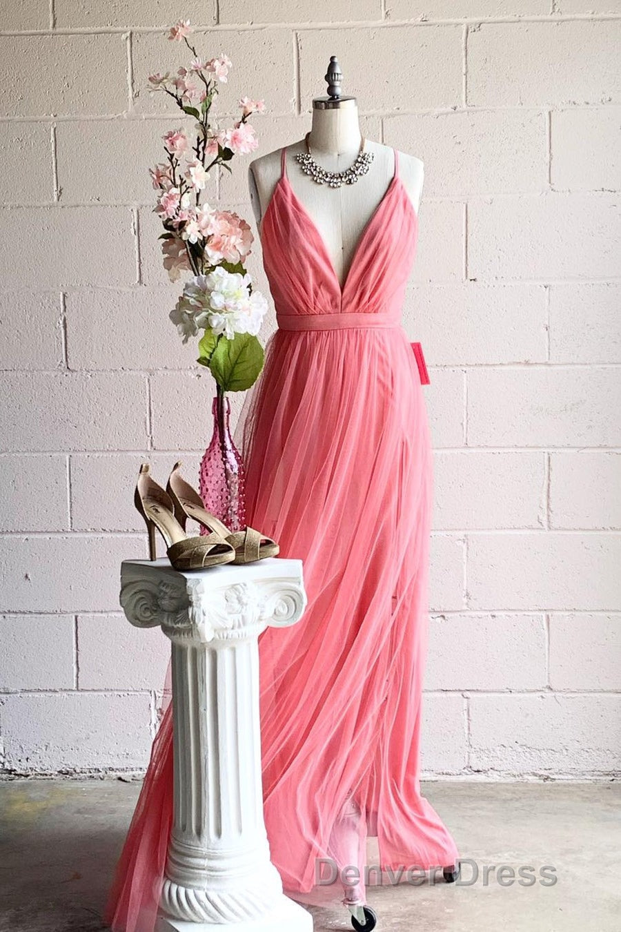 A Line V Neck Pleated Tulle Long Bridesmaid Dresses with Slit