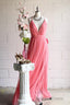 A Line V Neck Pleated Tulle Long Bridesmaid Dresses with Slit