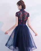 Blue Tulle Lace High Low Prom Dress, Blue Homecoming Dresses