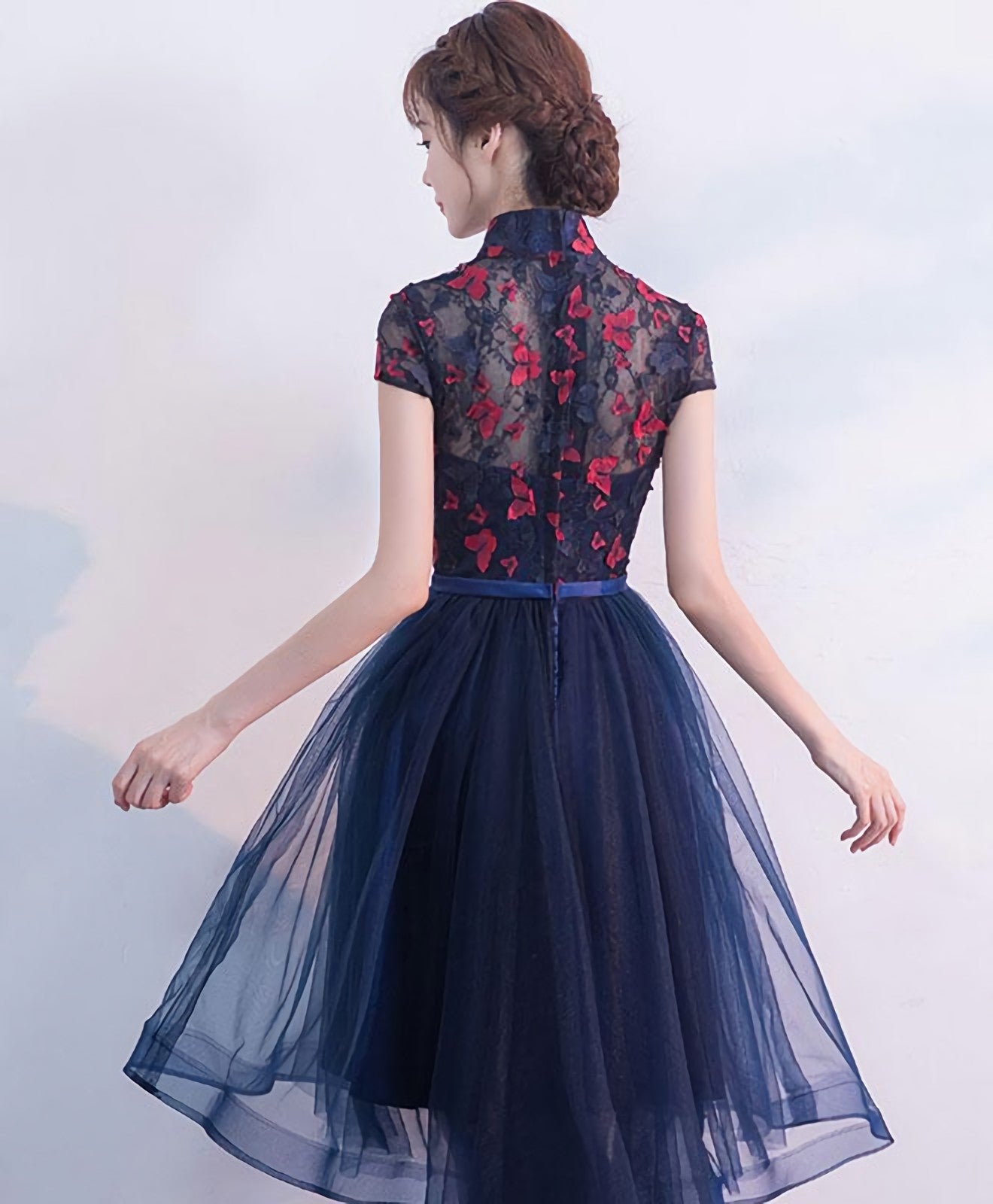 Blue Tulle Lace High Low Prom Dress, Blue Homecoming Dresses