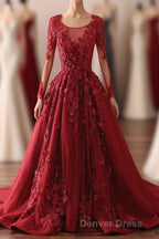 Burgundy Lace Satin Long Prom Dresses, Burgundy Lace Evening Dresses