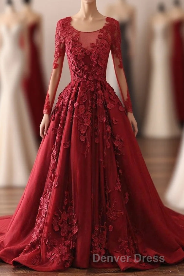 Burgundy Lace Satin Long Prom Dresses, Burgundy Lace Evening Dresses