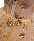 Champagne Round Neck Tulle Lace Long Prom Dresses, Formal Dresses