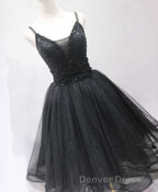 Black Tulle Beads Short Prom Dresses, Black Homecoming Dresses