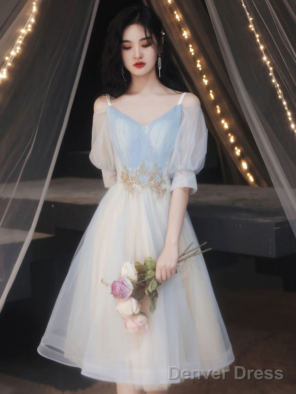 Blue A Line Tulle Lace Short Prom Dress Blue Homecoming Dresses