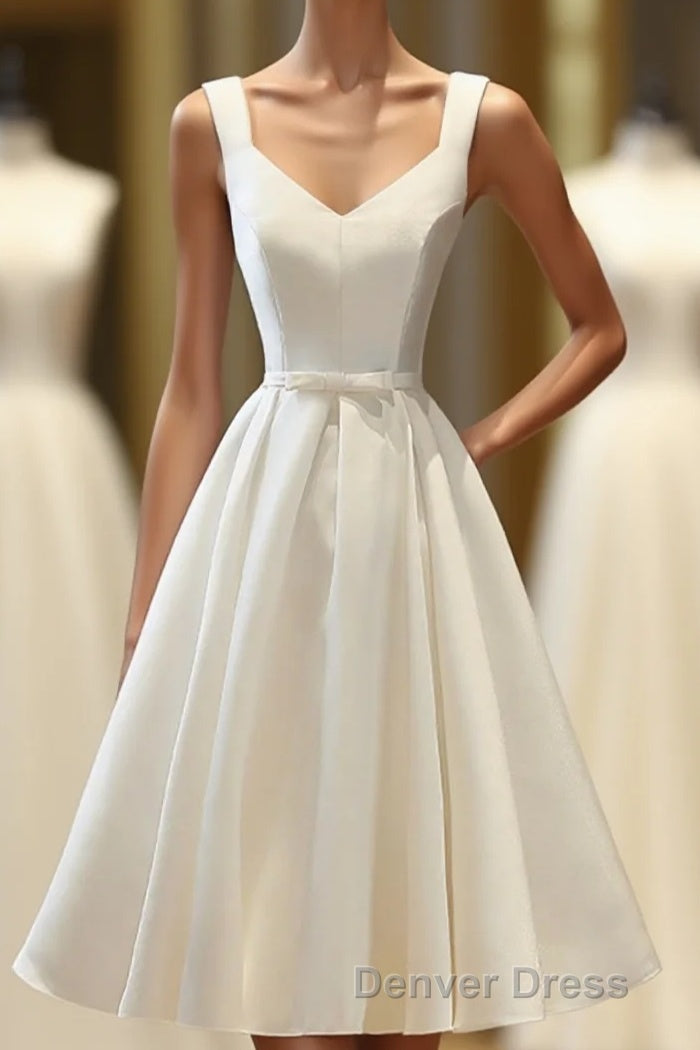 Simple V Neck White Short Prom Dresses, White Homecoming Dresses Main image