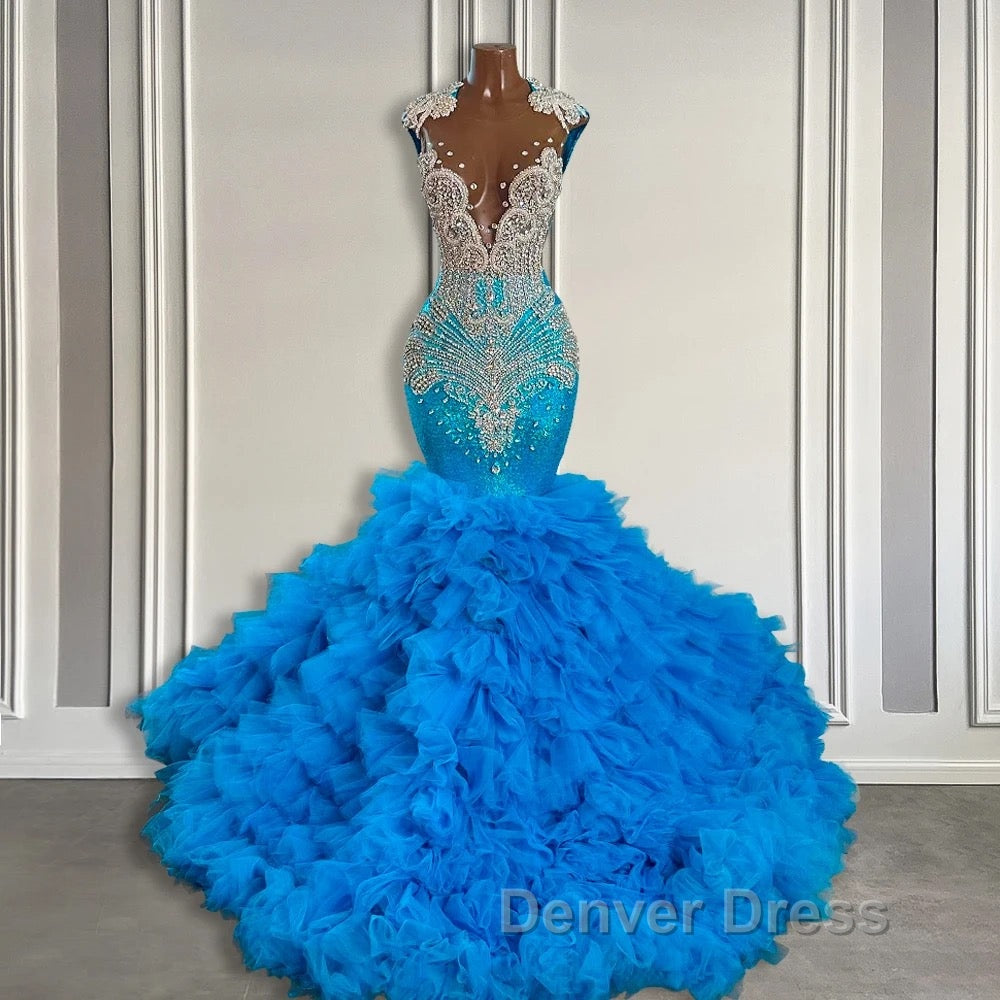 Ocean Blue Mermaid Tulle Ruffle Prom Dresses Long With Beadings Secondary image
