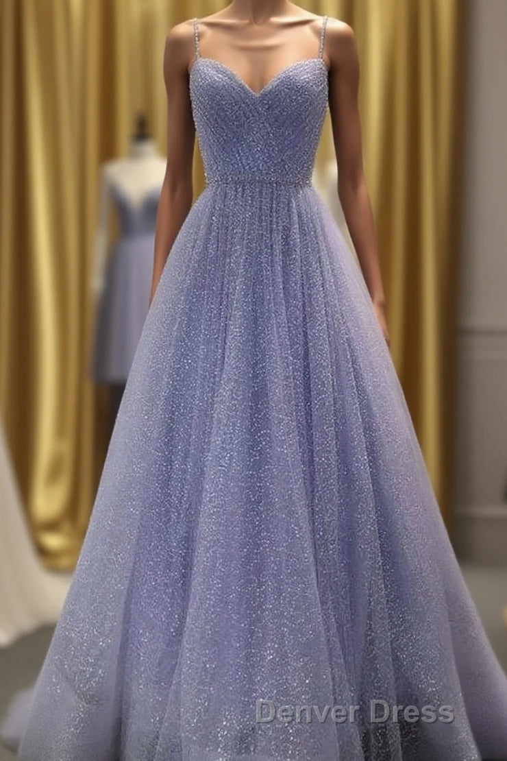 A Line Long Sparkly Spaghetti Straps Prom Dresses Evening Formal Dresses Fashion School Dance Dresses Main image