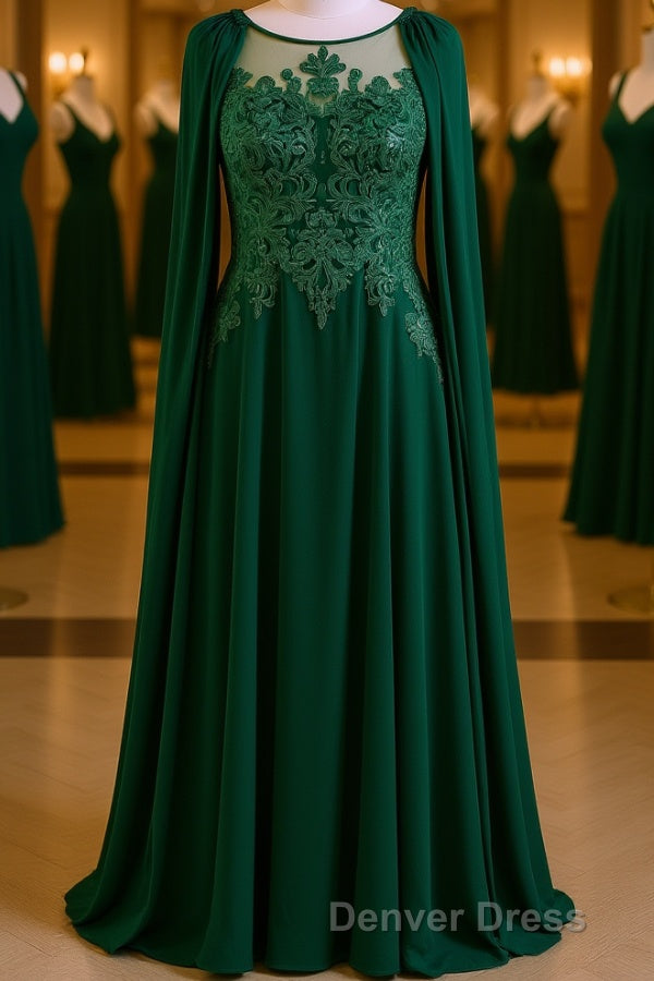 Dark Green A Line Lace Appliques Chiffon Prom Dresses