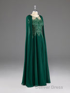 Dark Green A Line Lace Appliques Chiffon Prom Dresses