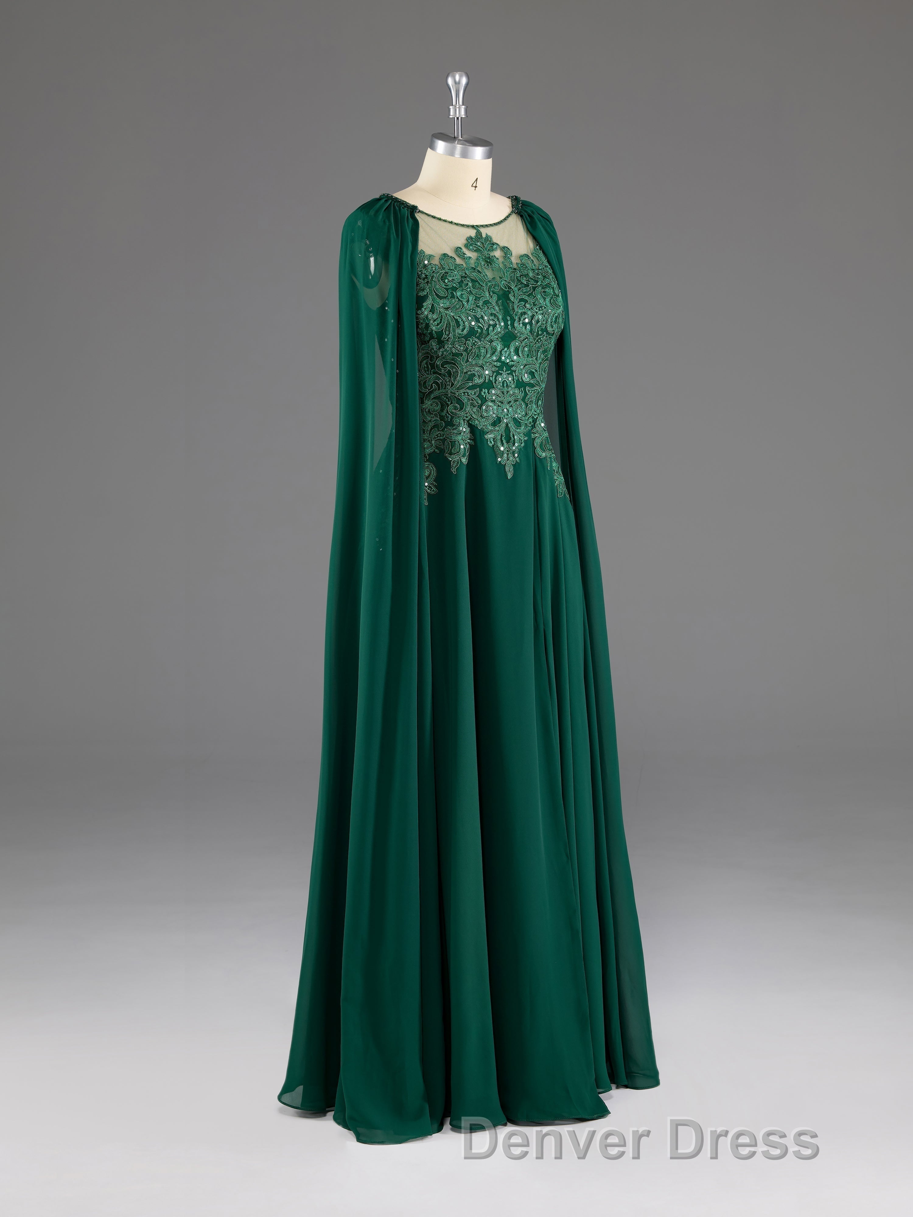 Dark Green A Line Lace Appliques Chiffon Prom Dresses