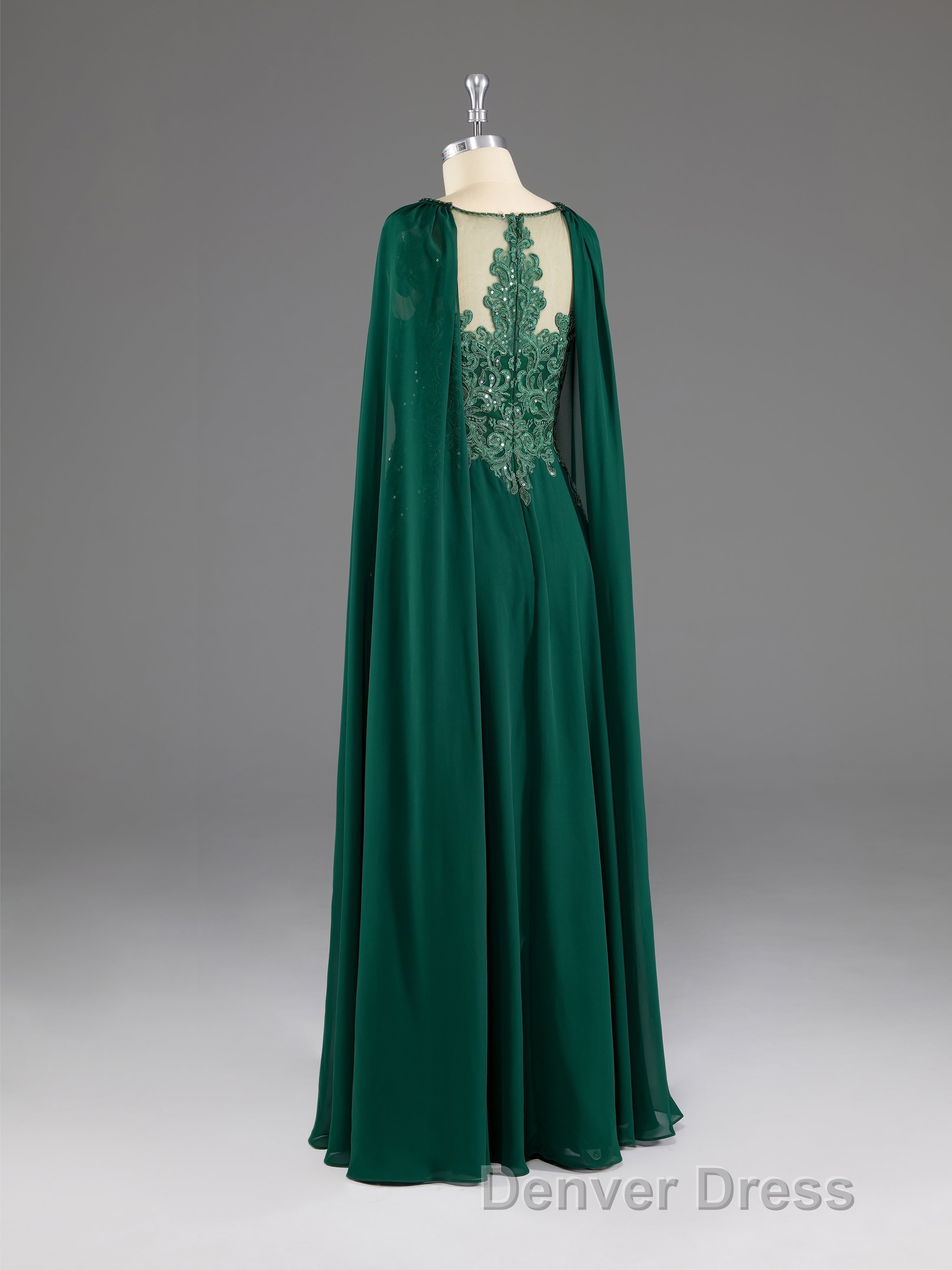 Dark Green A Line Lace Appliques Chiffon Prom Dresses