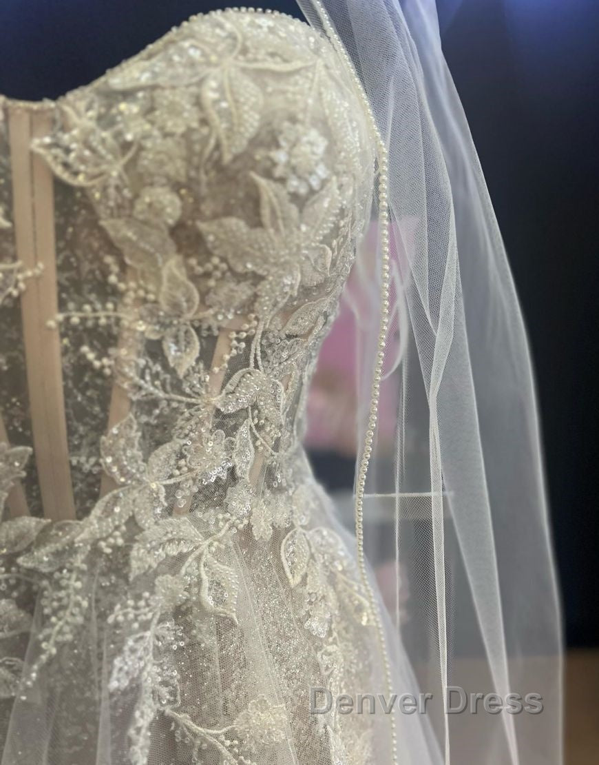 A Line Sweetheart Neckline Tulle Wedding Dresses With Appliques Secondary image
