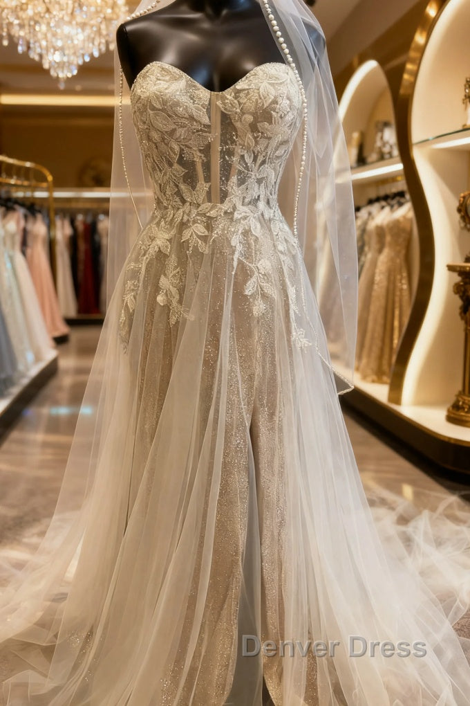 A Line Sweetheart Neckline Tulle Wedding Dresses With Appliques