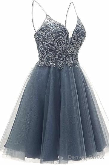 A-line Straps Appliques Tulle Short Homecoming Dresses