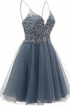 A Line Straps Appliques Tulle Short Homecoming Dresses