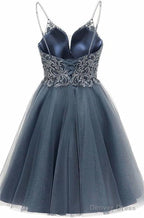 A-line Straps Appliques Tulle Short Homecoming Dresses