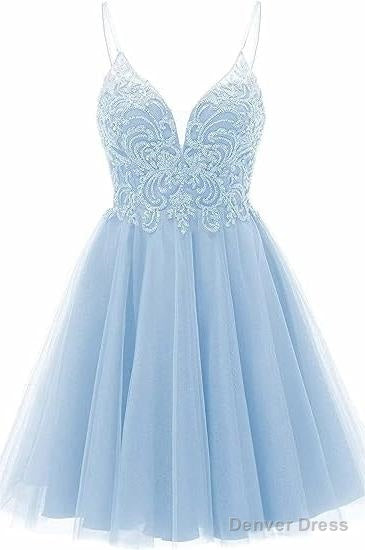 A-line Straps Appliques Tulle Short Homecoming Dresses