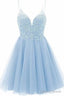 A-line Straps Appliques Tulle Short Homecoming Dresses