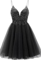A-line Straps Appliques Tulle Short Homecoming Dresses