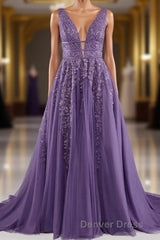A-line V-Neck Lace Appliques Long Prom Dresses