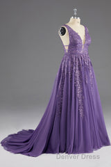 A-line V-Neck Lace Appliques Long Prom Dresses