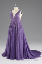 A Line V Neck Lace Appliques Long Prom Dresses
