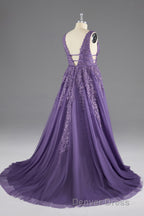 A Line V Neck Lace Appliques Long Prom Dresses