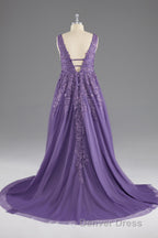 A-line V-Neck Lace Appliques Long Prom Dresses