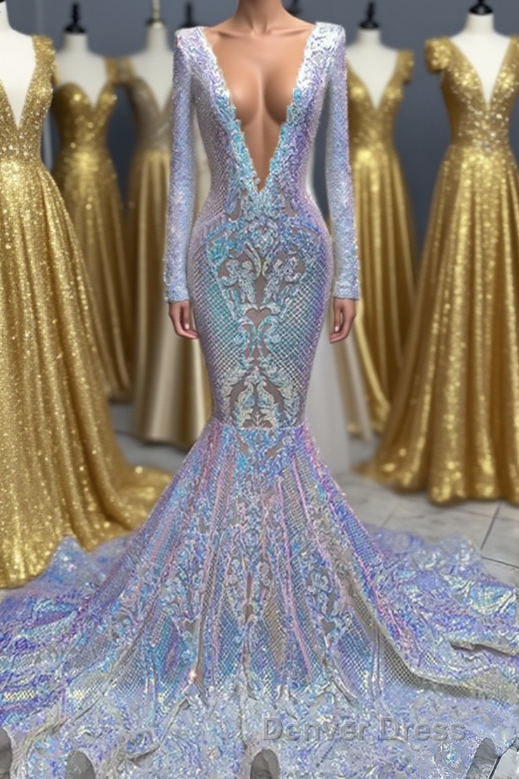 Hot Sparkle Sequin V neck Long sleeves Mermaid Prom Dresses