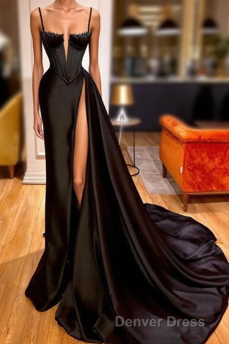 Gorgeous Black Spaghett-Straps Prom Dresses With Slit Main image