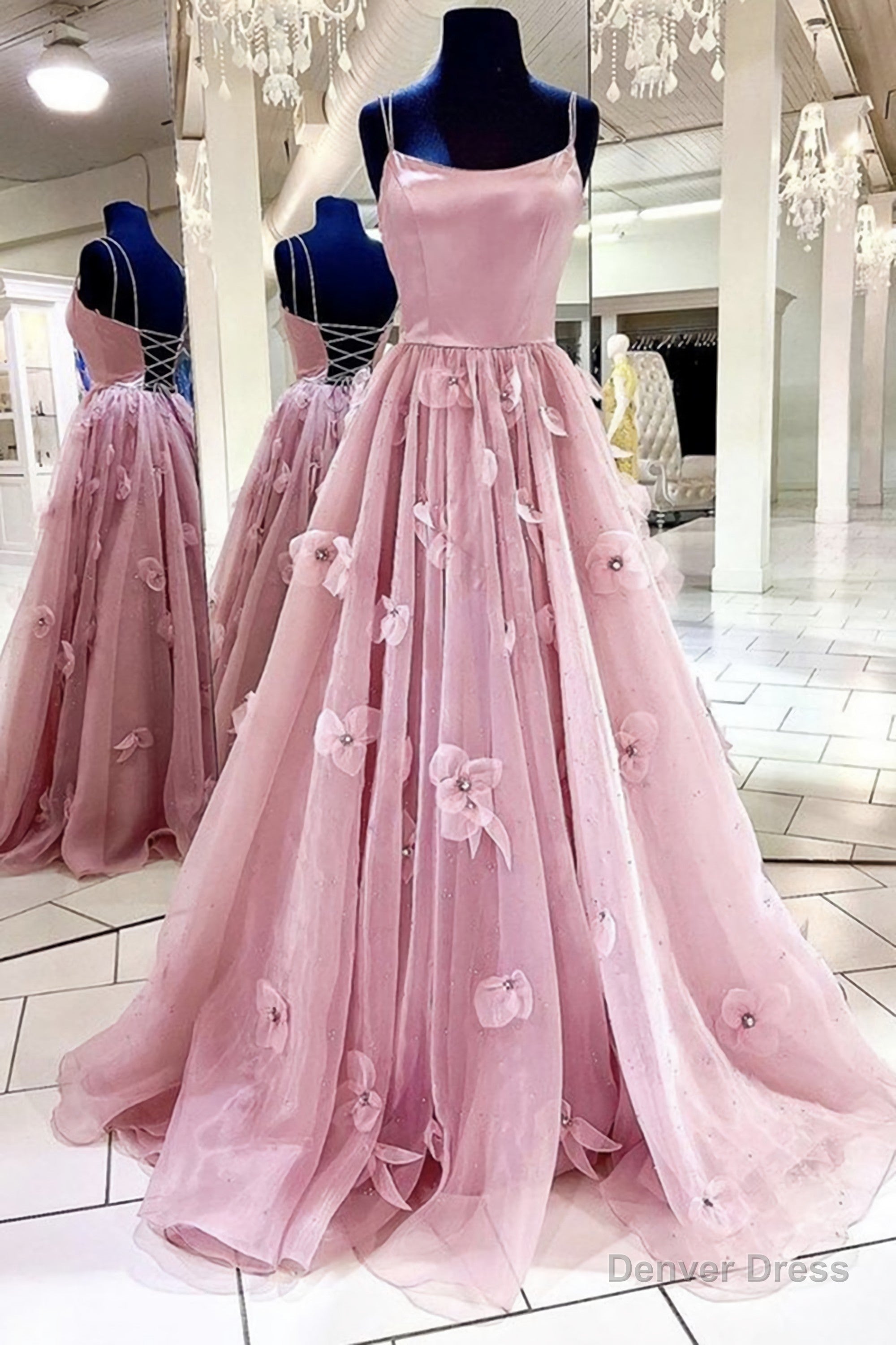 A Line Backless Pink Floral Long Prom Dress, Pink Floral Formal Graduation Evening Dress Main image