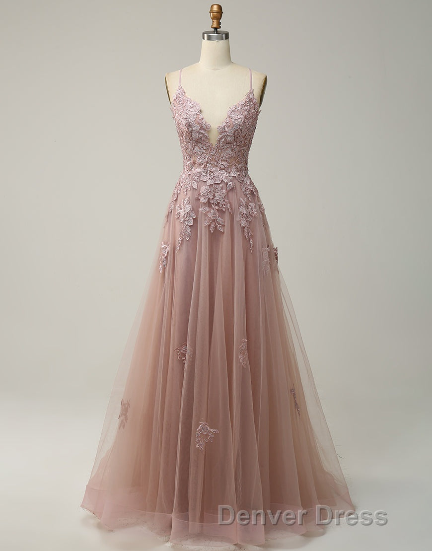 A-Line Tulle Spaghetti Straps Appliques Long Prom Dresses with Alit