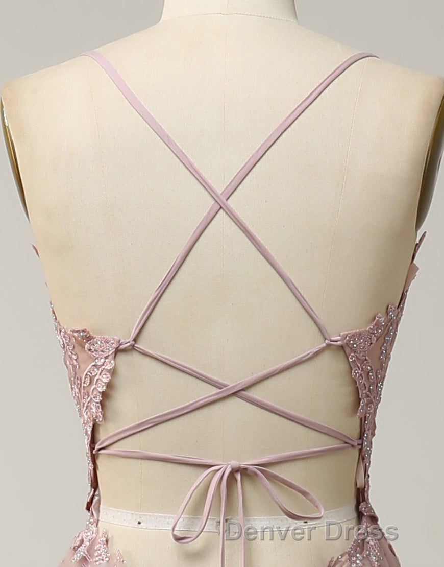 A-Line Tulle Spaghetti Straps Appliques Long Prom Dresses with Alit