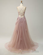 A-Line Tulle Spaghetti Straps Appliques Long Prom Dresses with Alit