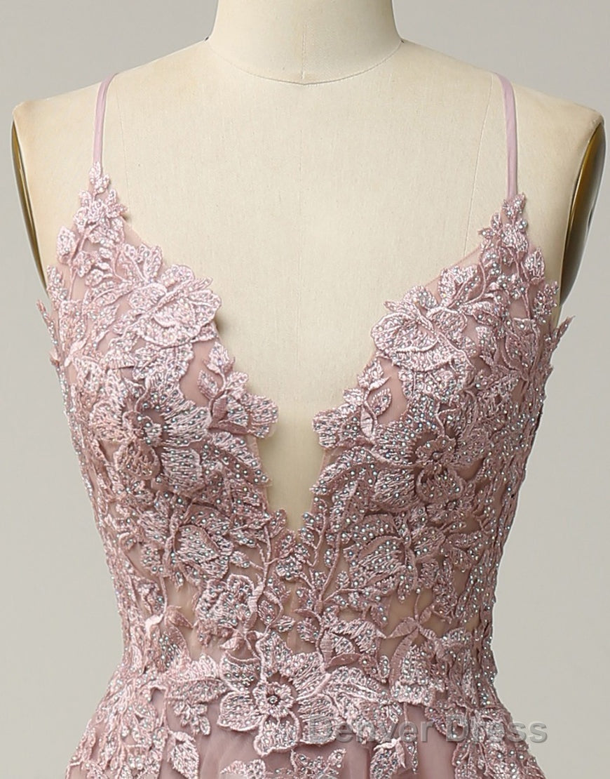 A-Line Tulle Spaghetti Straps Appliques Long Prom Dresses with Alit