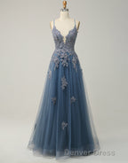 A-Line Tulle Spaghetti Straps Appliques Long Prom Dresses with Alit
