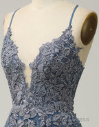 A-Line Tulle Spaghetti Straps Appliques Long Prom Dresses with Alit