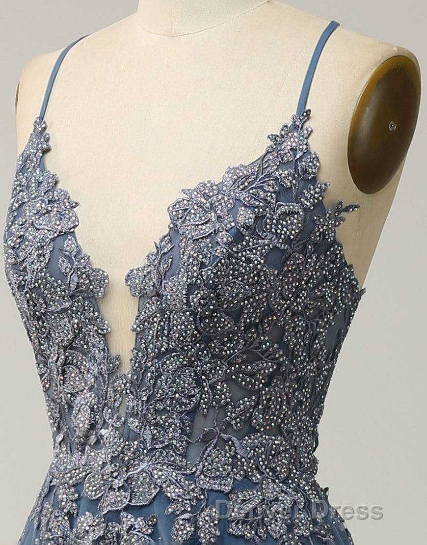 A-Line Tulle Spaghetti Straps Appliques Long Prom Dresses with Alit