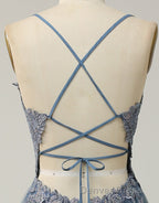 A-Line Tulle Spaghetti Straps Appliques Long Prom Dresses with Alit