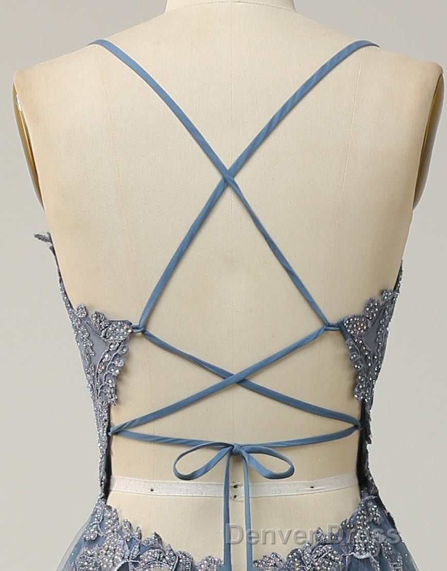 A-Line Tulle Spaghetti Straps Appliques Long Prom Dresses with Alit