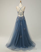A-Line Tulle Spaghetti Straps Appliques Long Prom Dresses with Alit