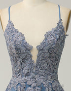 A-Line Tulle Spaghetti Straps Appliques Long Prom Dresses with Alit