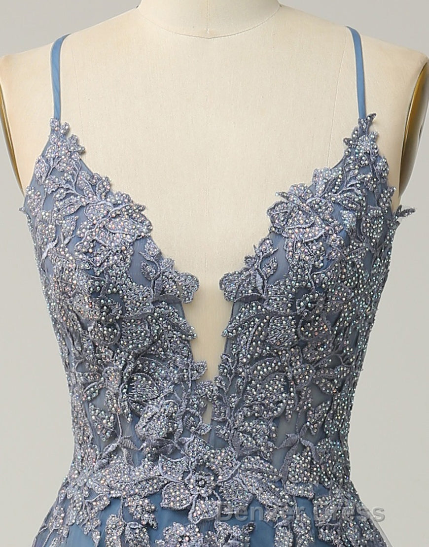 A-Line Tulle Spaghetti Straps Appliques Long Prom Dresses with Alit