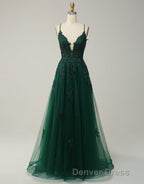 A-Line Tulle Spaghetti Straps Appliques Long Prom Dresses with Alit