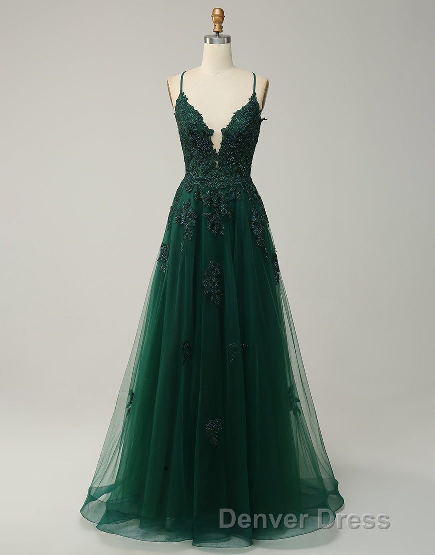 A-Line Tulle Spaghetti Straps Appliques Long Prom Dresses with Alit