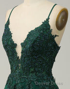 A-Line Tulle Spaghetti Straps Appliques Long Prom Dresses with Alit